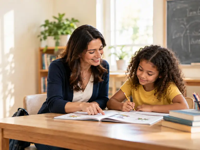 A tutor helping an elementary-age student with a workbook.